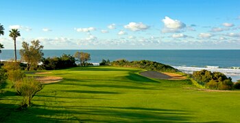 un gran campo verde con árboles al fondo con el campo de golf Torrey Pines al fondo