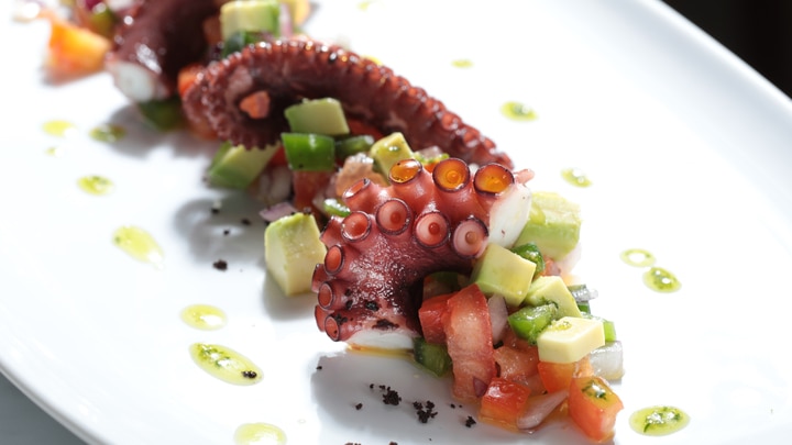 un plato blanco cubierto con carne y verduras