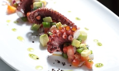 un plato blanco cubierto con carne y verduras