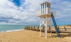 una persona sentada en la cima de una playa de arena