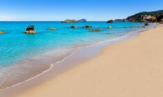 a sandy beach next to the ocean